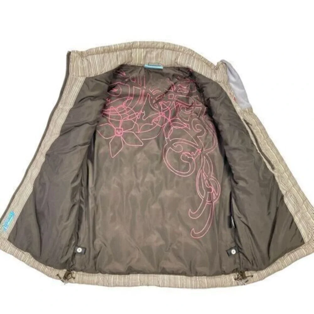 O'Neill Transit Quilted Puffer Vest Women S Tan Brown Striped Goose Down Outdoor